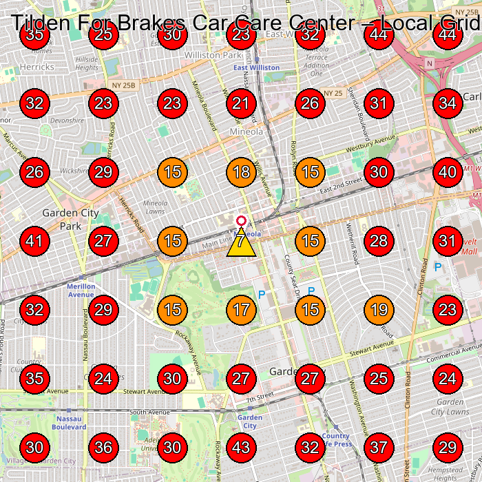 Tilden For Brakes Car Care Center GeoGrid visibility map for Auto Repair Shop in Mineola